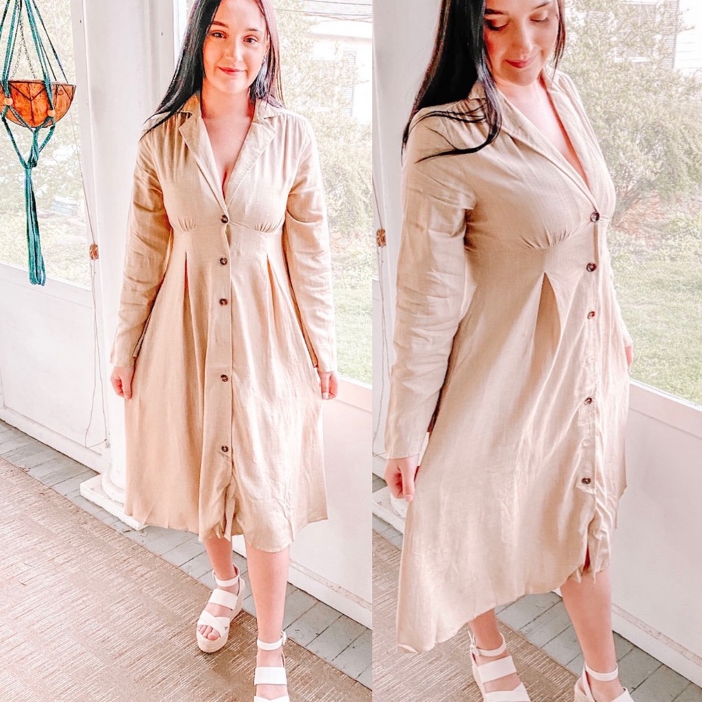 LAUREL Linen Button Front Midi Dress natural oat